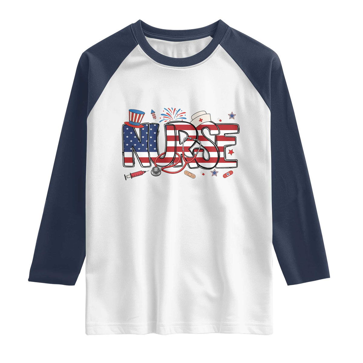 USA 250 Proud American Nurse Raglan Shirt Patriotic Healthcare Hero TS12 White Navy Print Your Wear