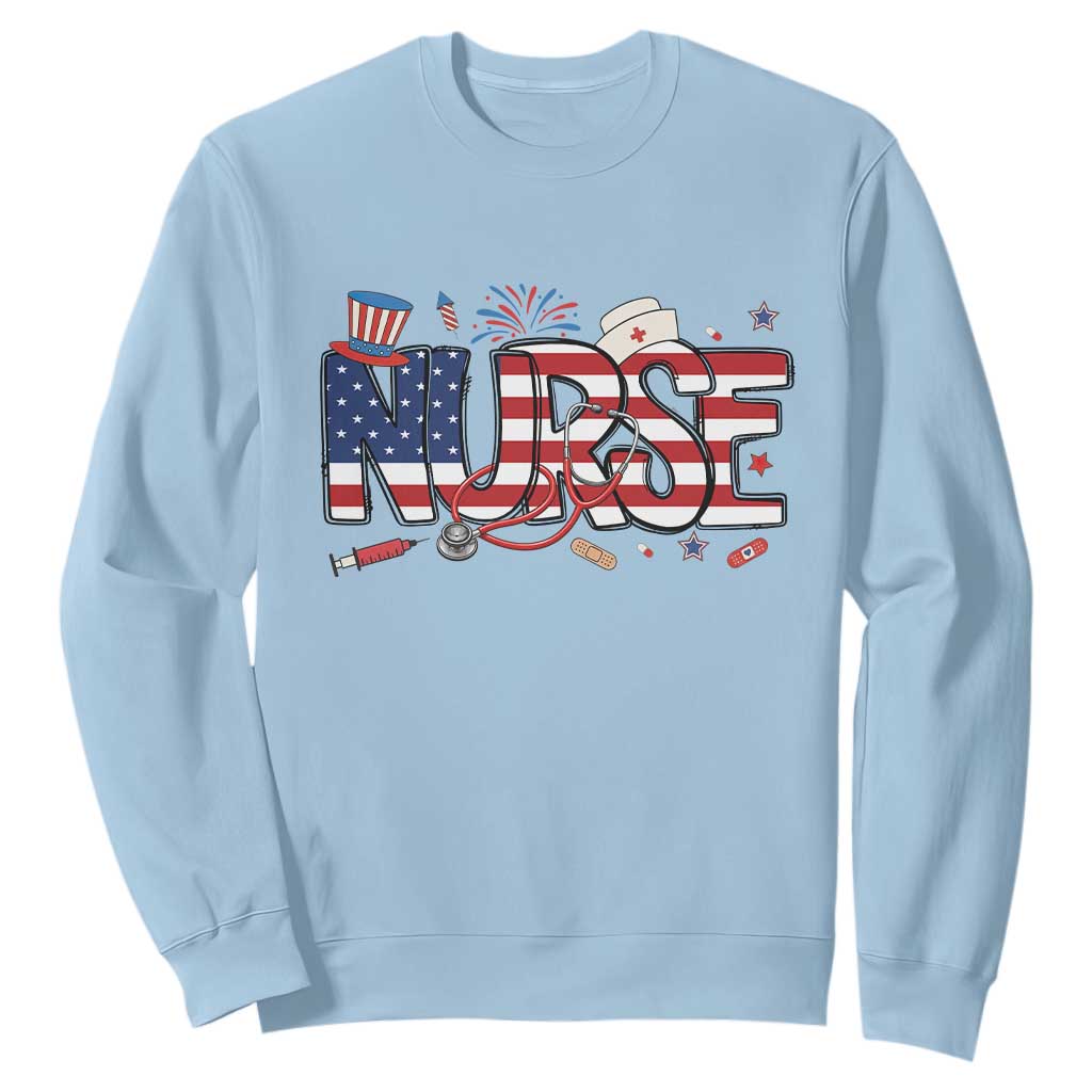 USA 250 Proud American Nurse Sweatshirt Patriotic Healthcare Hero TS12 Light Blue Print Your Wear