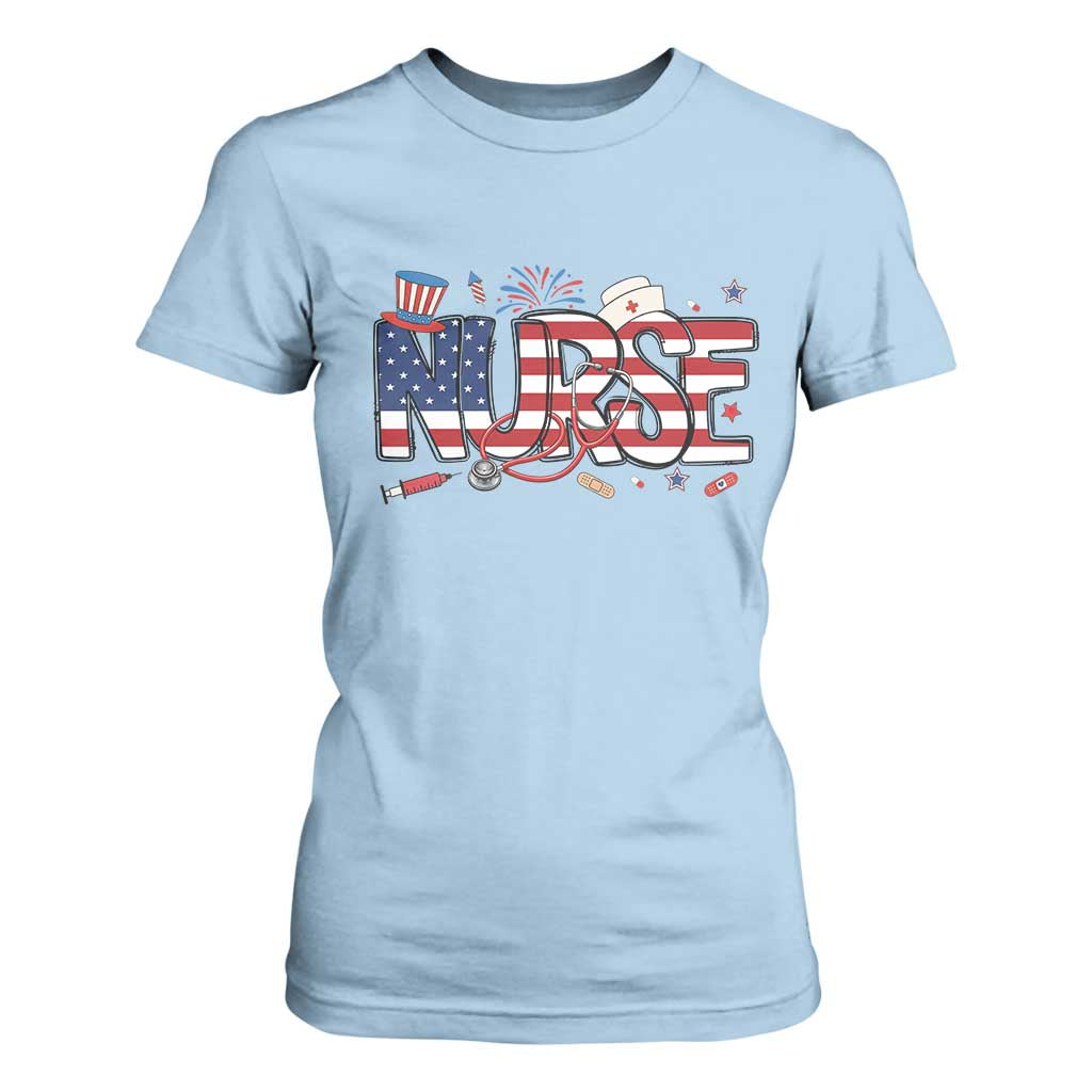 USA 250 Proud American Nurse T Shirt For Women Patriotic Healthcare Hero TS12 Light Blue Print Your Wear