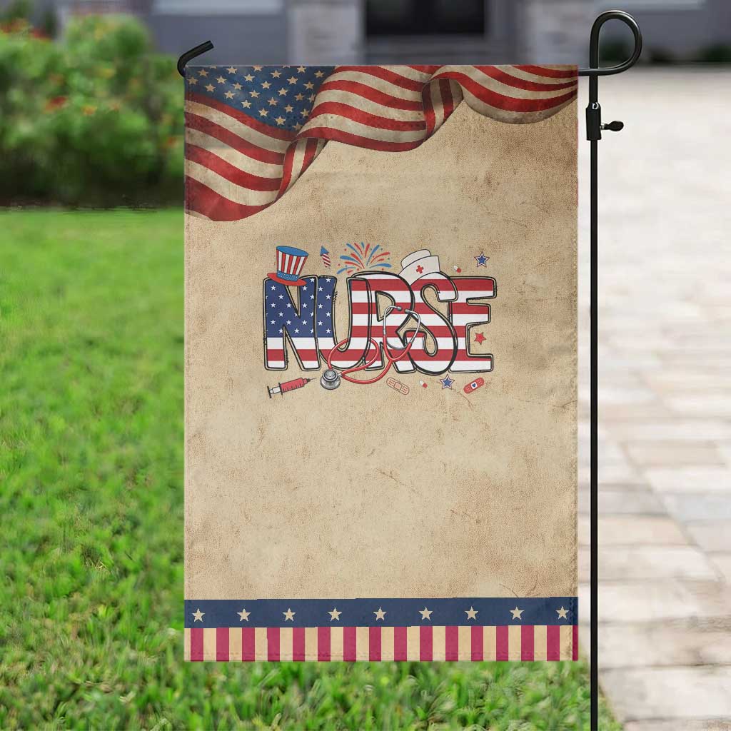 USA 250 Proud American Nurse Garden Flag Patriotic Healthcare Hero TS12 Vintage Rustic Tan Navy Print Your Wear