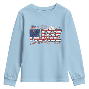 USA 250 Proud American Nurse Youth Sweatshirt Patriotic Healthcare Hero TS12 Light Blue Print Your Wear