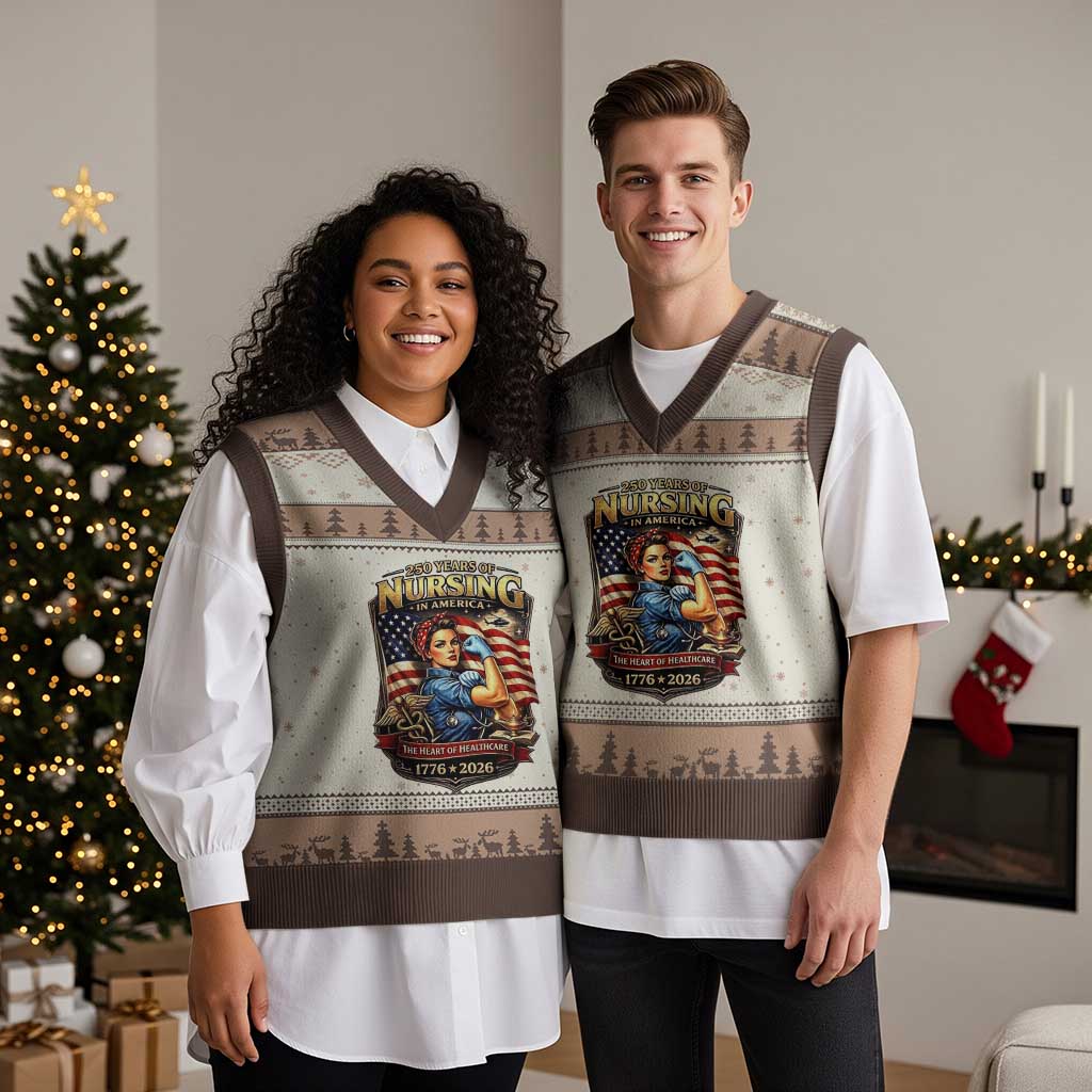 Patriotic Rosie Nurse Feminist Pride V-Neck Knit Sweater Vest 250 Years Of Nursing TS12 Mocha Mousse Print Your Wear