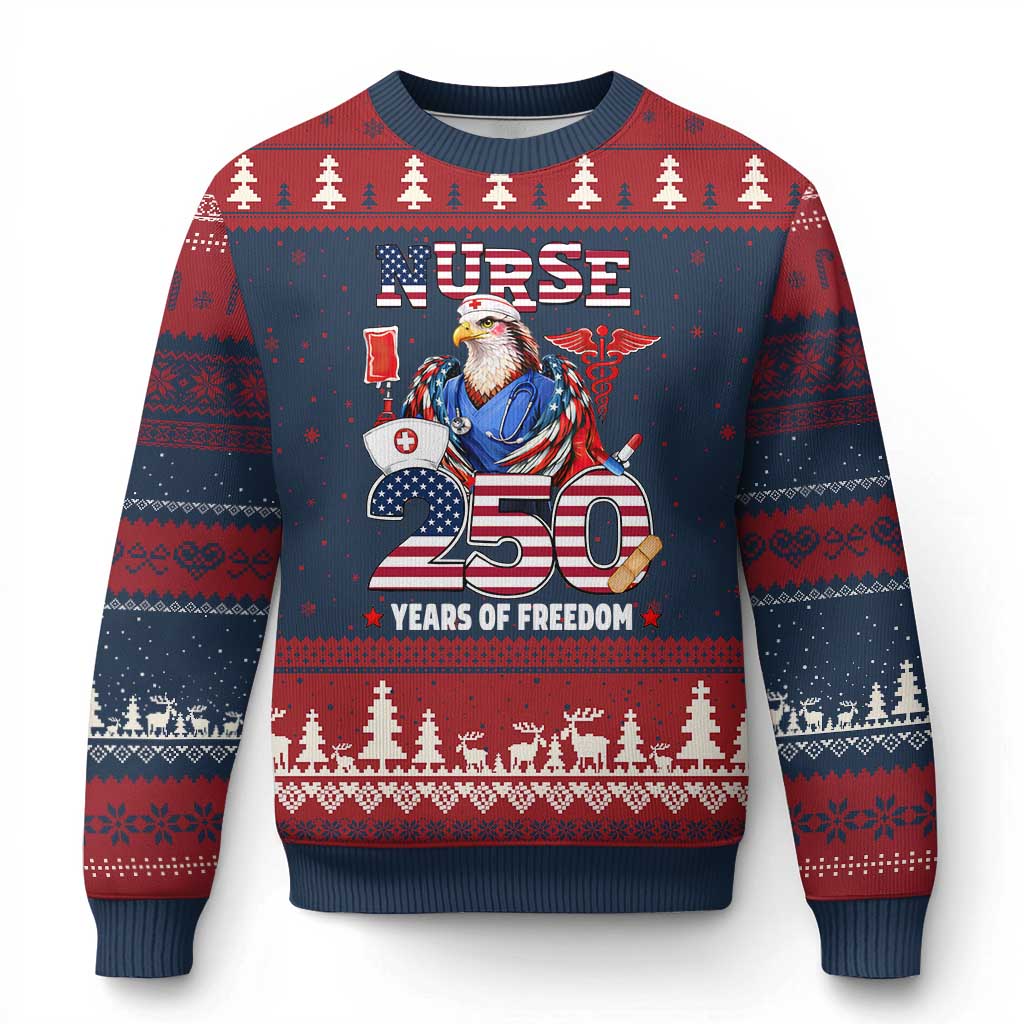 Bald Eagle Nurse 250 Years Of Freedom Ugly Christmas Sweater Patriotic American Nurse Gift TS12 Navy Red Print Your Wear