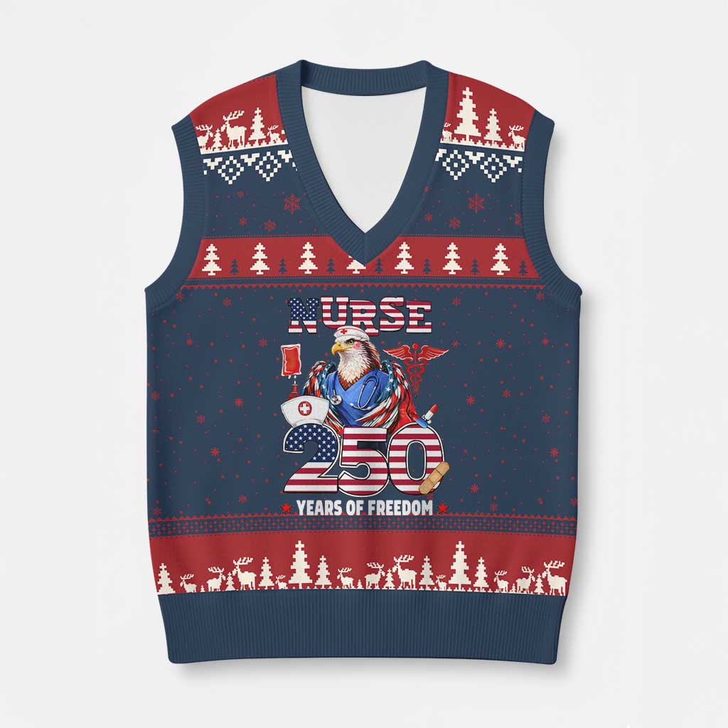 Bald Eagle Nurse 250 Years Of Freedom V-Neck Knit Sweater Vest Patriotic American Nurse Gift TS12 Navy Red Print Your Wear