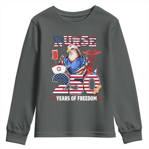 Bald Eagle Nurse 250 Years Of Freedom Youth Sweatshirt Patriotic American Nurse Gift TS12 Dark Heather Print Your Wear