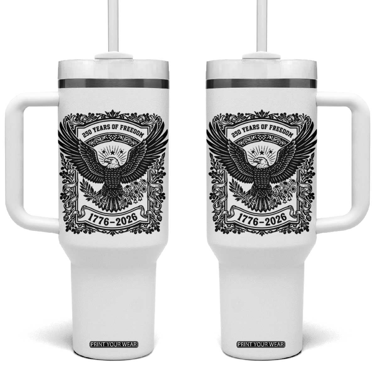 Cottagecore Patriotic Eagle 250th Anniversary USA Gift Tumbler With Handle TS12 One Size: 40 oz White Print Your Wear