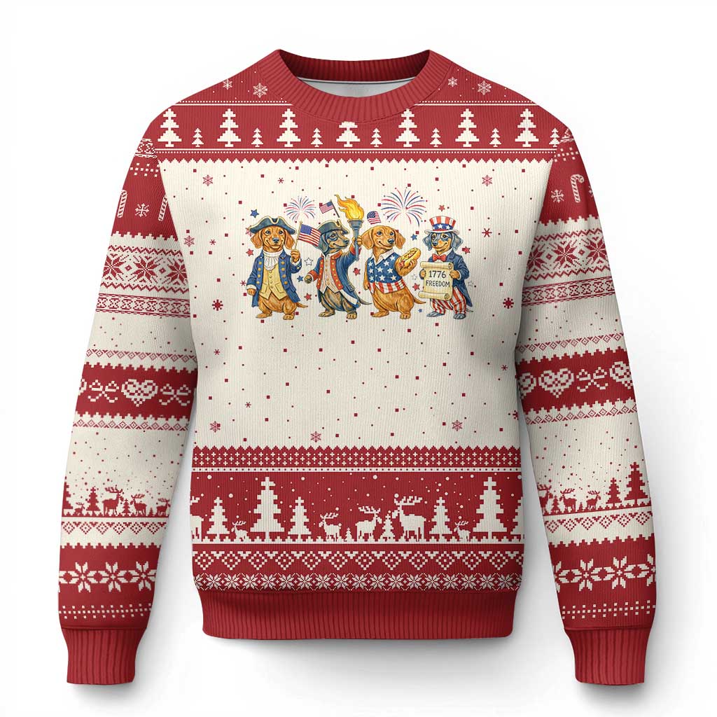 Patriotic Wiener Dog 250th Anniversary Ugly Christmas Sweater Dachshund Lover Gift TS12 Beige Red Print Your Wear