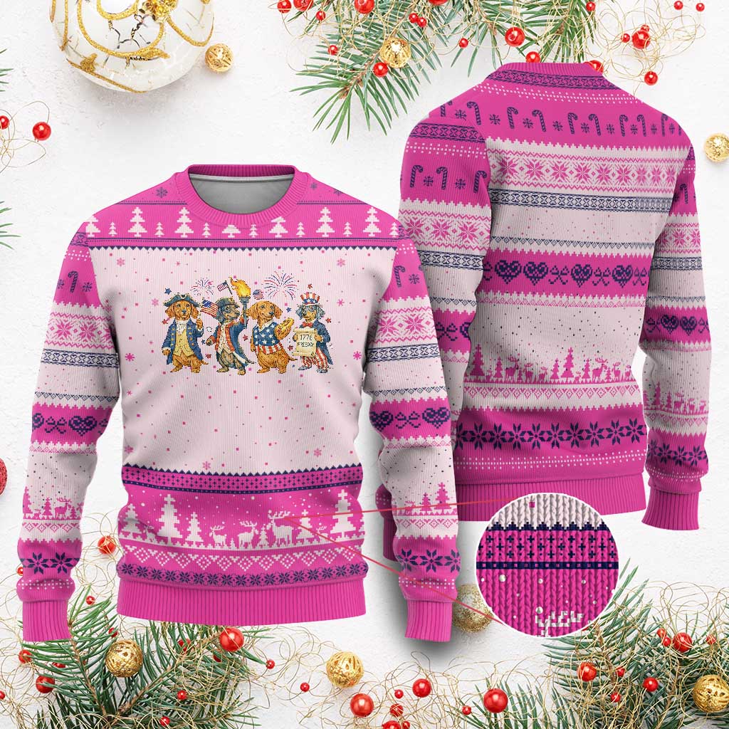 Patriotic Wiener Dog 250th Anniversary Ugly Christmas Sweater Dachshund Lover Gift TS12 Hot Pink Print Your Wear