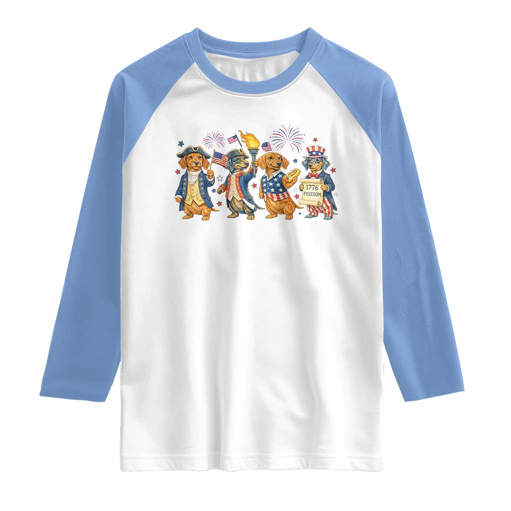 Patriotic Wiener Dog 250th Anniversary Raglan Shirt Dachshund Lover Gift TS12 White Carolina Blue Print Your Wear