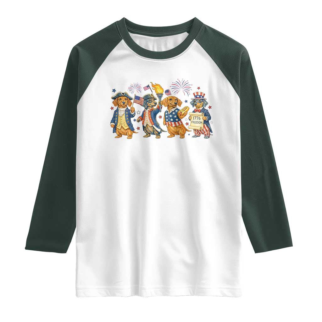 Patriotic Wiener Dog 250th Anniversary Raglan Shirt Dachshund Lover Gift TS12 White Dark Forest Green Print Your Wear