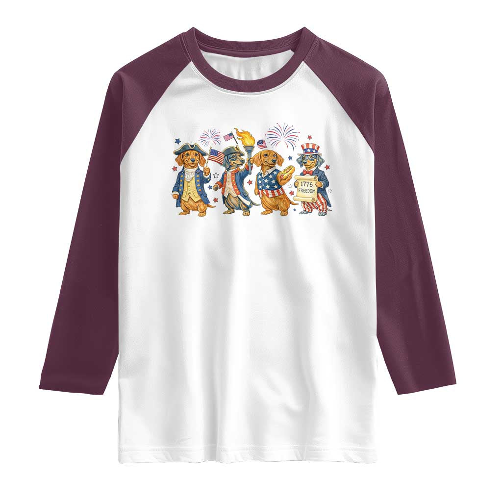 Patriotic Wiener Dog 250th Anniversary Raglan Shirt Dachshund Lover Gift TS12 White Maroon Print Your Wear