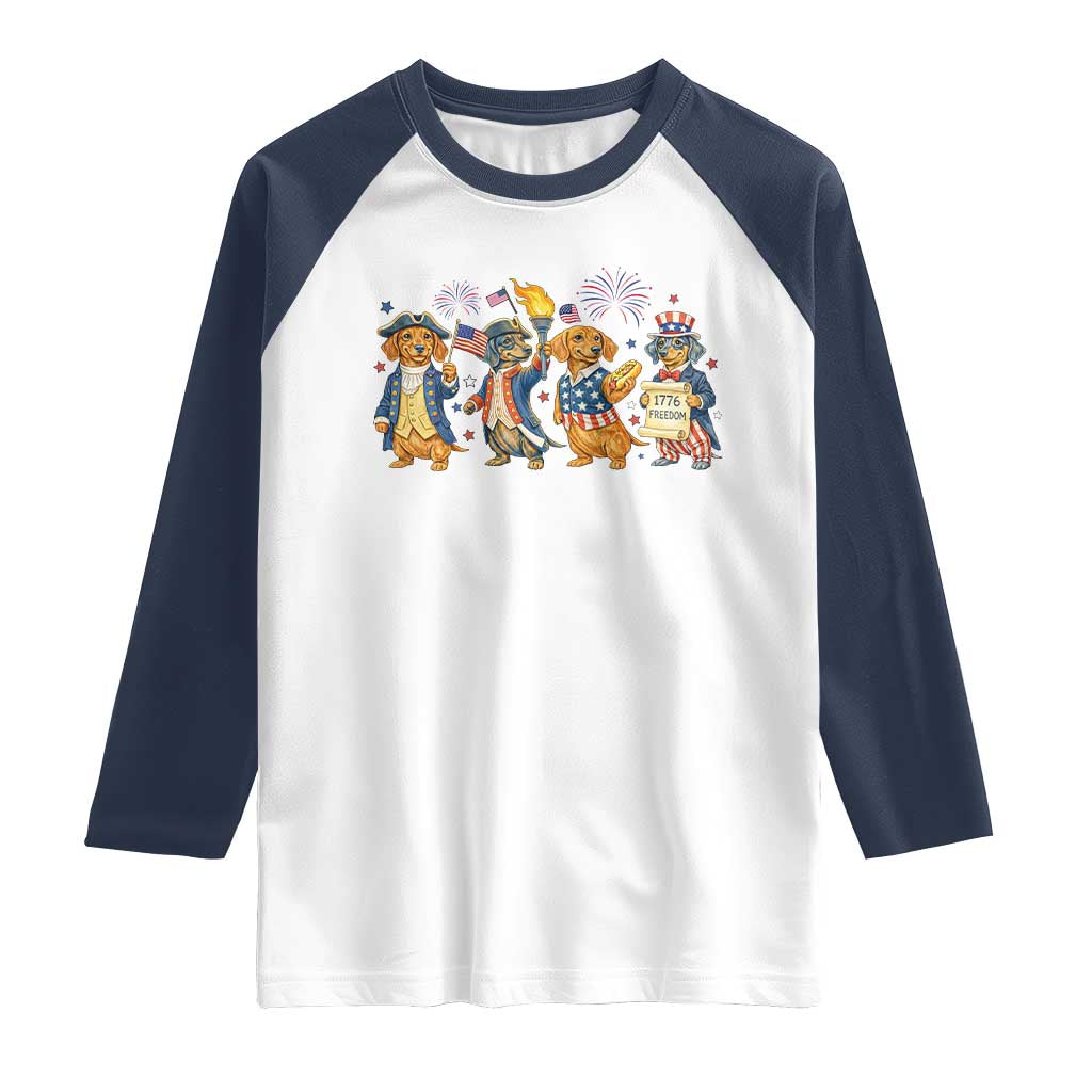 Patriotic Wiener Dog 250th Anniversary Raglan Shirt Dachshund Lover Gift TS12 White Navy Print Your Wear