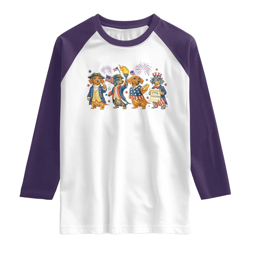 Patriotic Wiener Dog 250th Anniversary Raglan Shirt Dachshund Lover Gift TS12 White Purple Print Your Wear