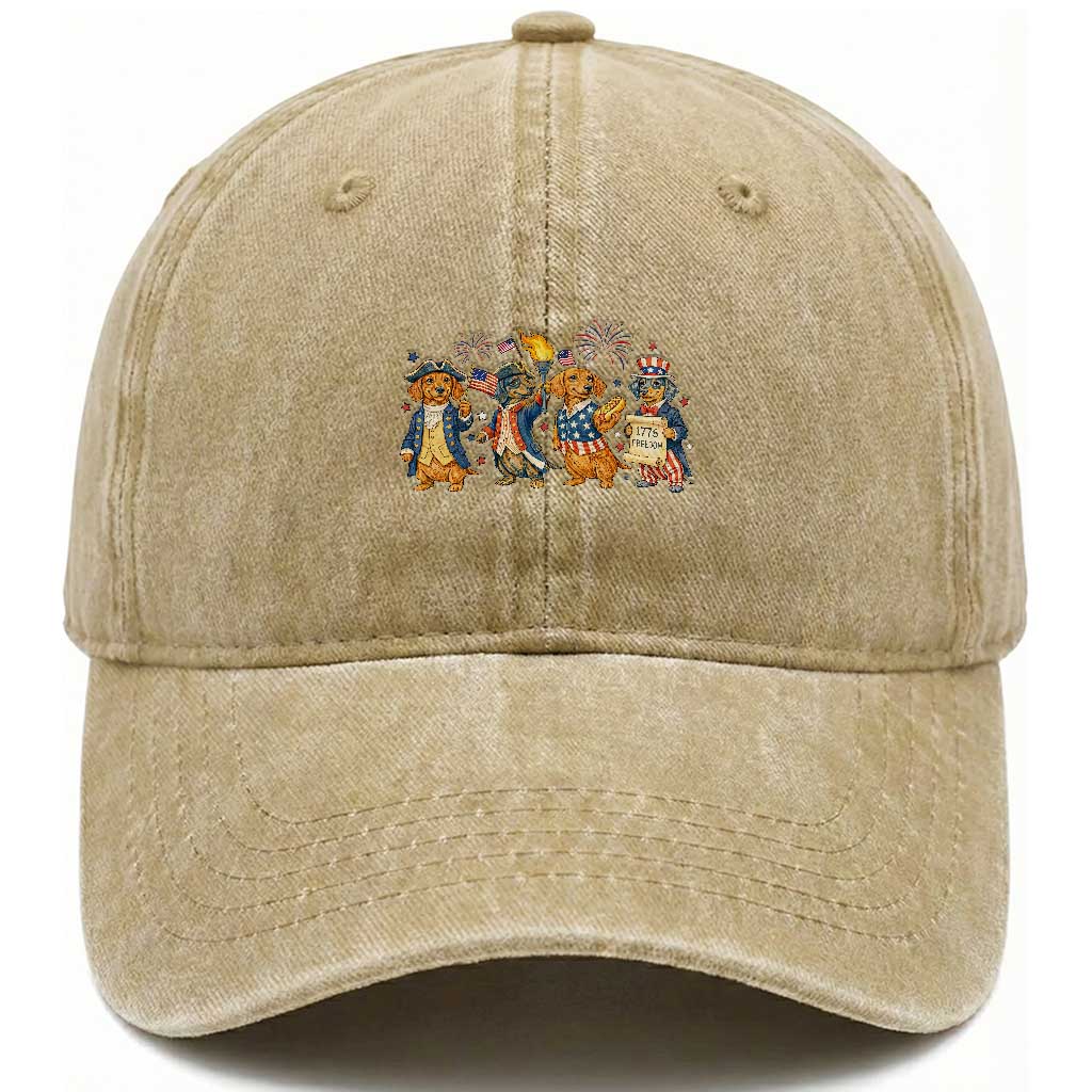 Patriotic Wiener Dog 250th Anniversary Washed Cotton Baseball Cap Dachshund Lover Gift TS12 Washed Cap Universal Fit Khaki Print Your Wear