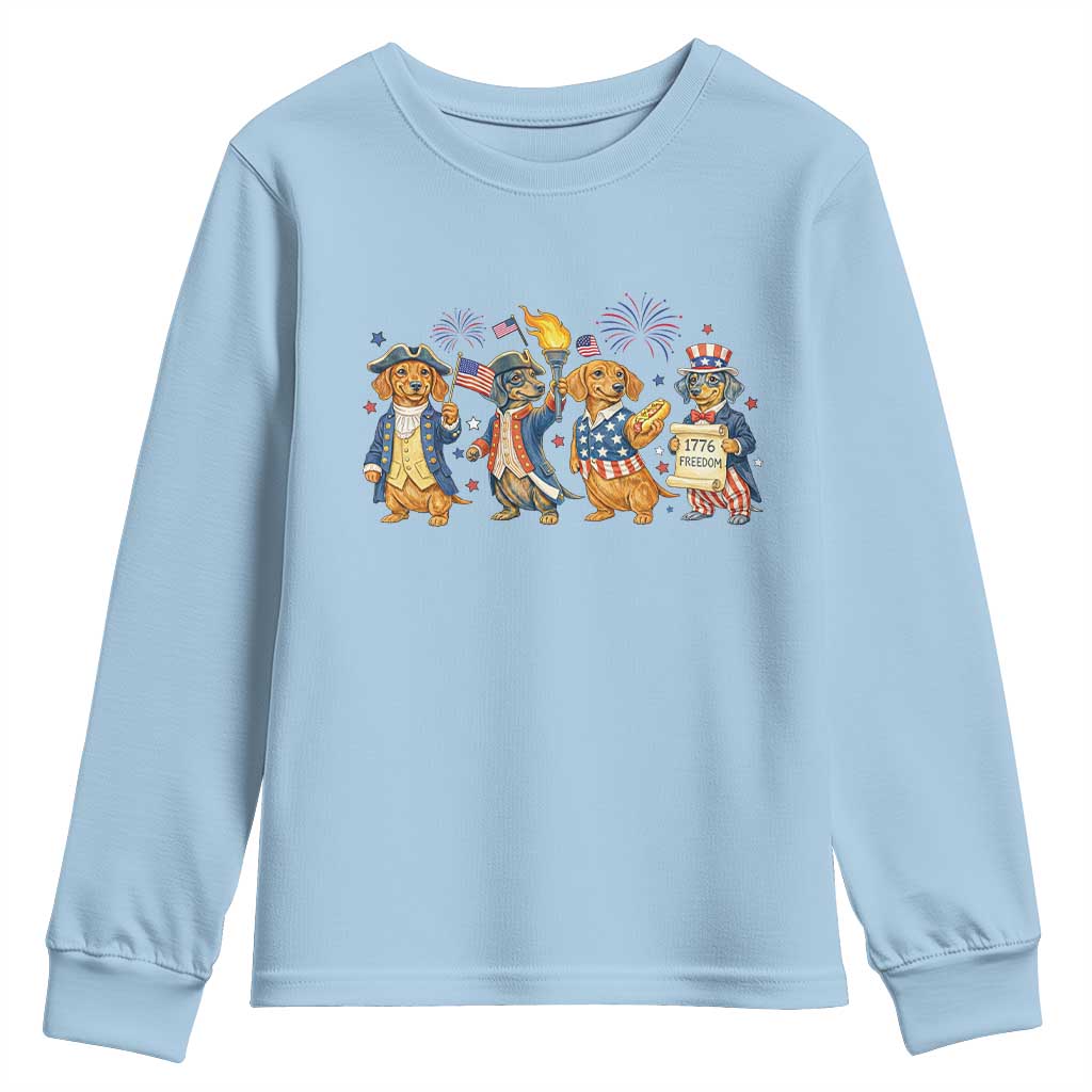 Patriotic Wiener Dog 250th Anniversary Youth Sweatshirt Dachshund Lover Gift TS12 Light Blue Print Your Wear