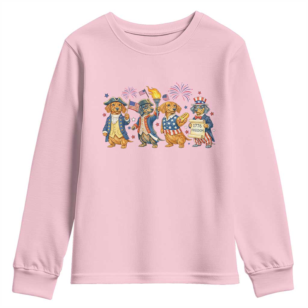 Patriotic Wiener Dog 250th Anniversary Youth Sweatshirt Dachshund Lover Gift TS12 Light Pink Print Your Wear
