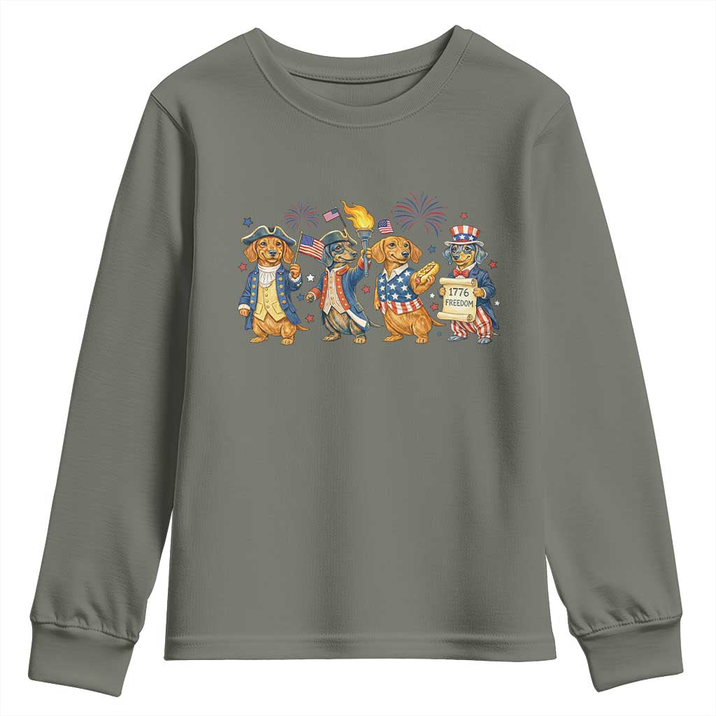 Patriotic Wiener Dog 250th Anniversary Youth Sweatshirt Dachshund Lover Gift TS12 Military Green Print Your Wear
