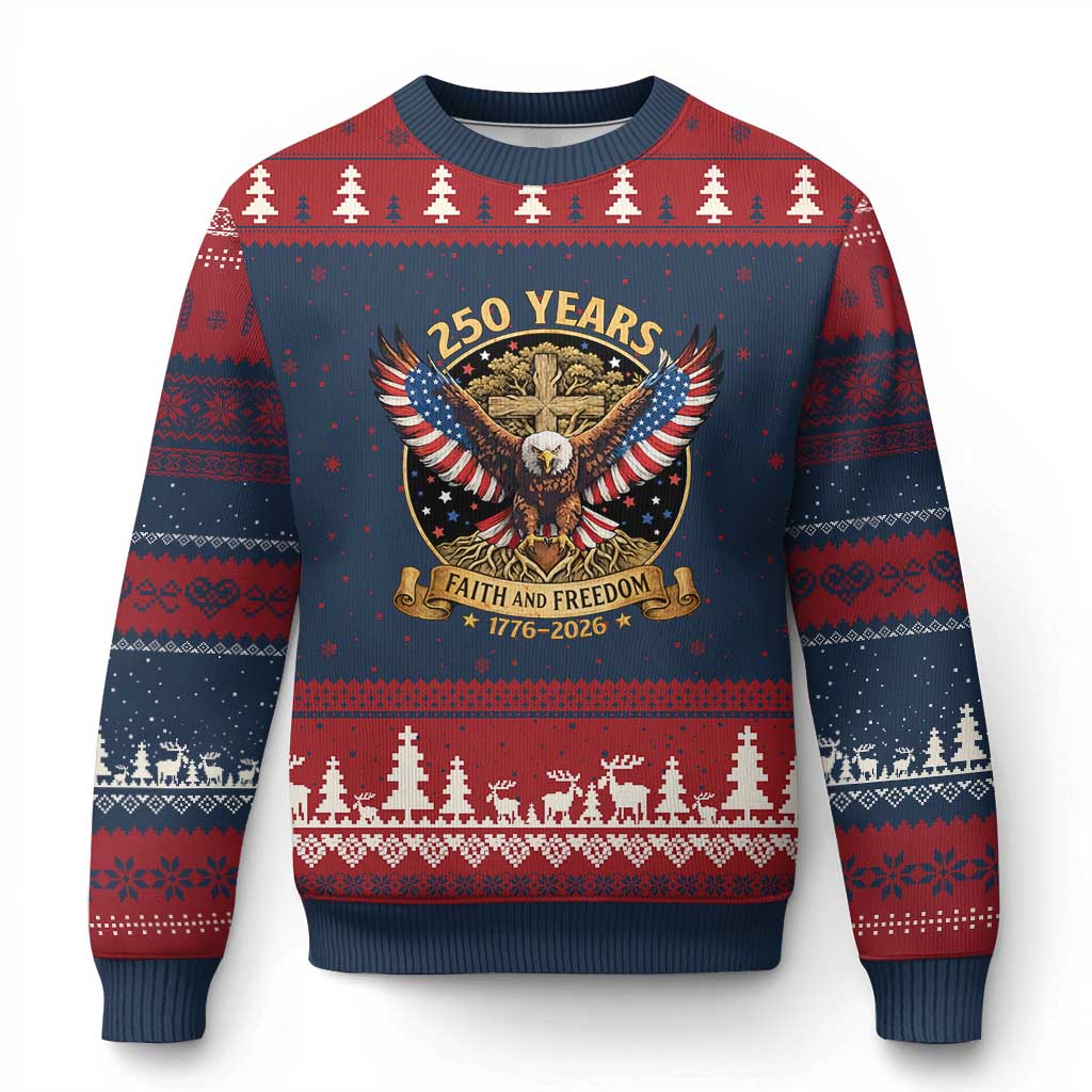 Faith And Freedom 250 Years Ugly Christmas Sweater Patriotic Eagle Cross Gift TS12 Navy Red Print Your Wear
