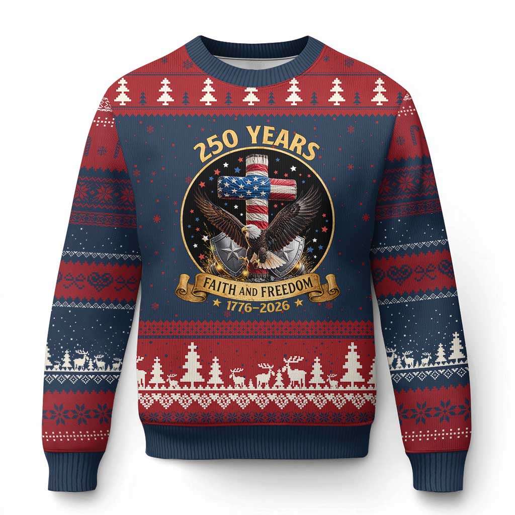 Christian Patriotic Eagle Cross Ugly Christmas Sweater 250 Years Faith And Freedom USA Gift TS12 Navy Red Print Your Wear