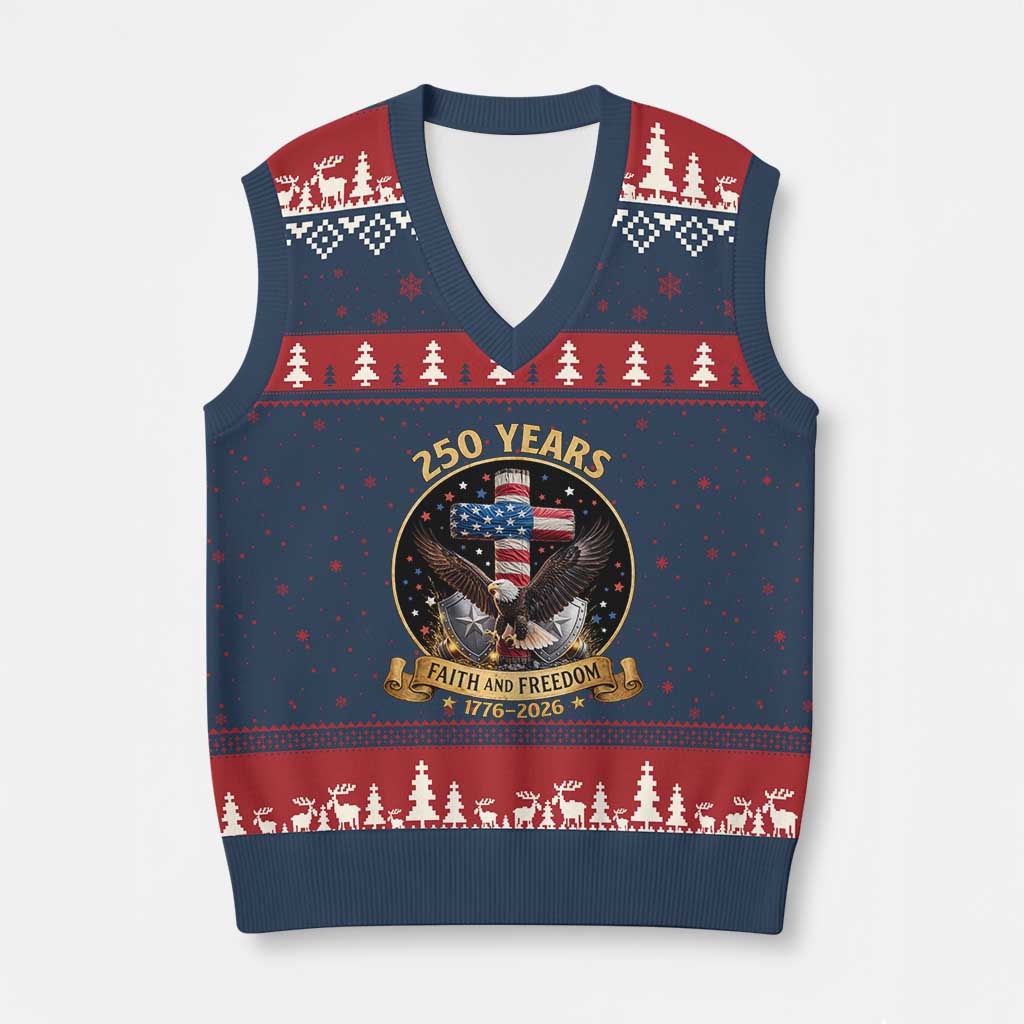 Christian Patriotic Eagle Cross V-Neck Knit Sweater Vest 250 Years Faith And Freedom USA Gift TS12 Navy Red Print Your Wear