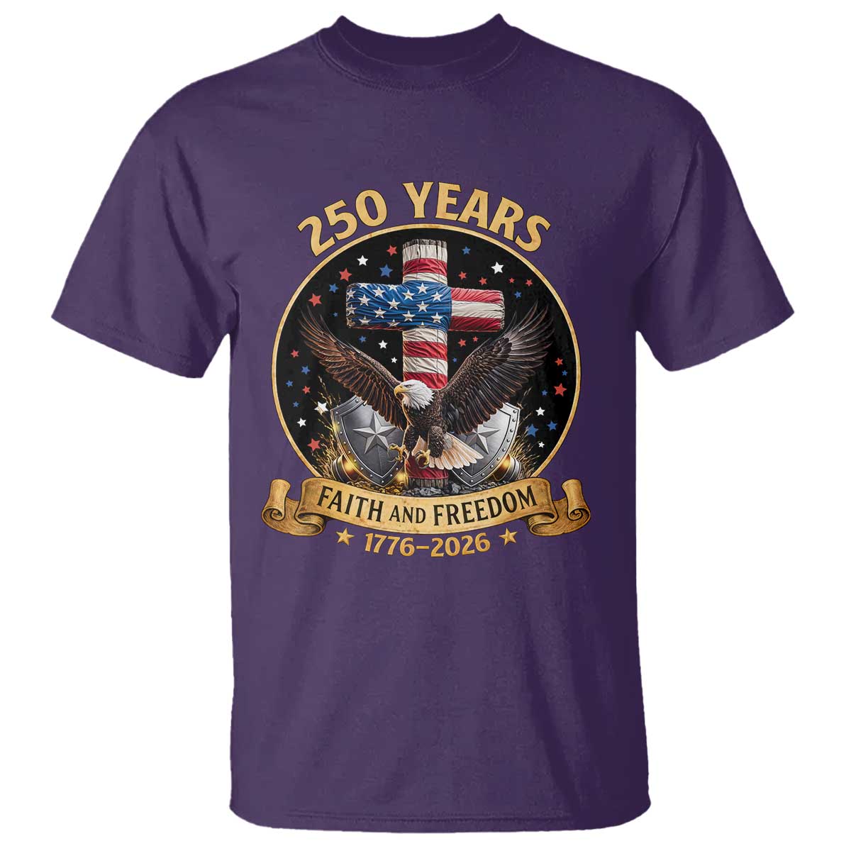 Christian Patriotic Eagle Cross T Shirt 250 Years Faith And Freedom USA Gift TS12 Purple Print Your Wear