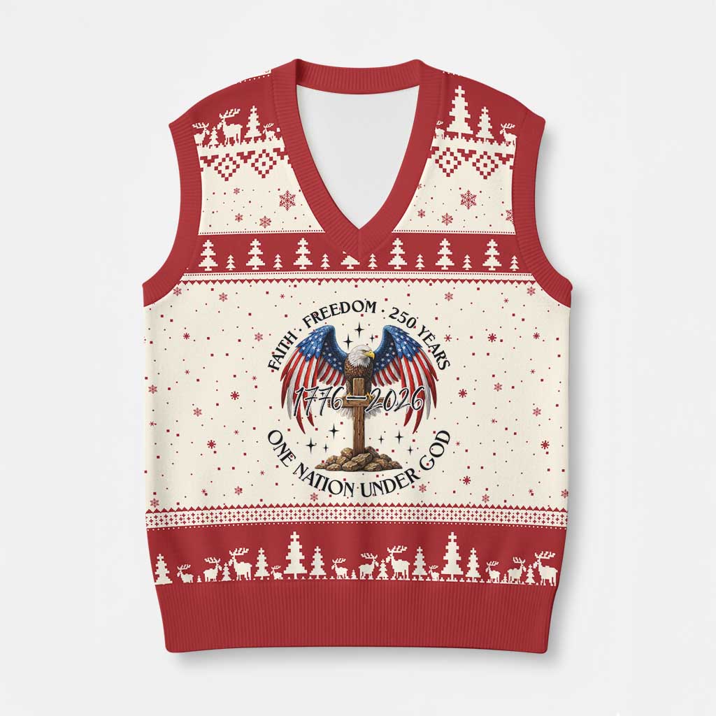 Patriotic Eagle Cross One Nation Under God V-Neck Knit Sweater Vest 250th Anniversary TS12 Beige Red Print Your Wear