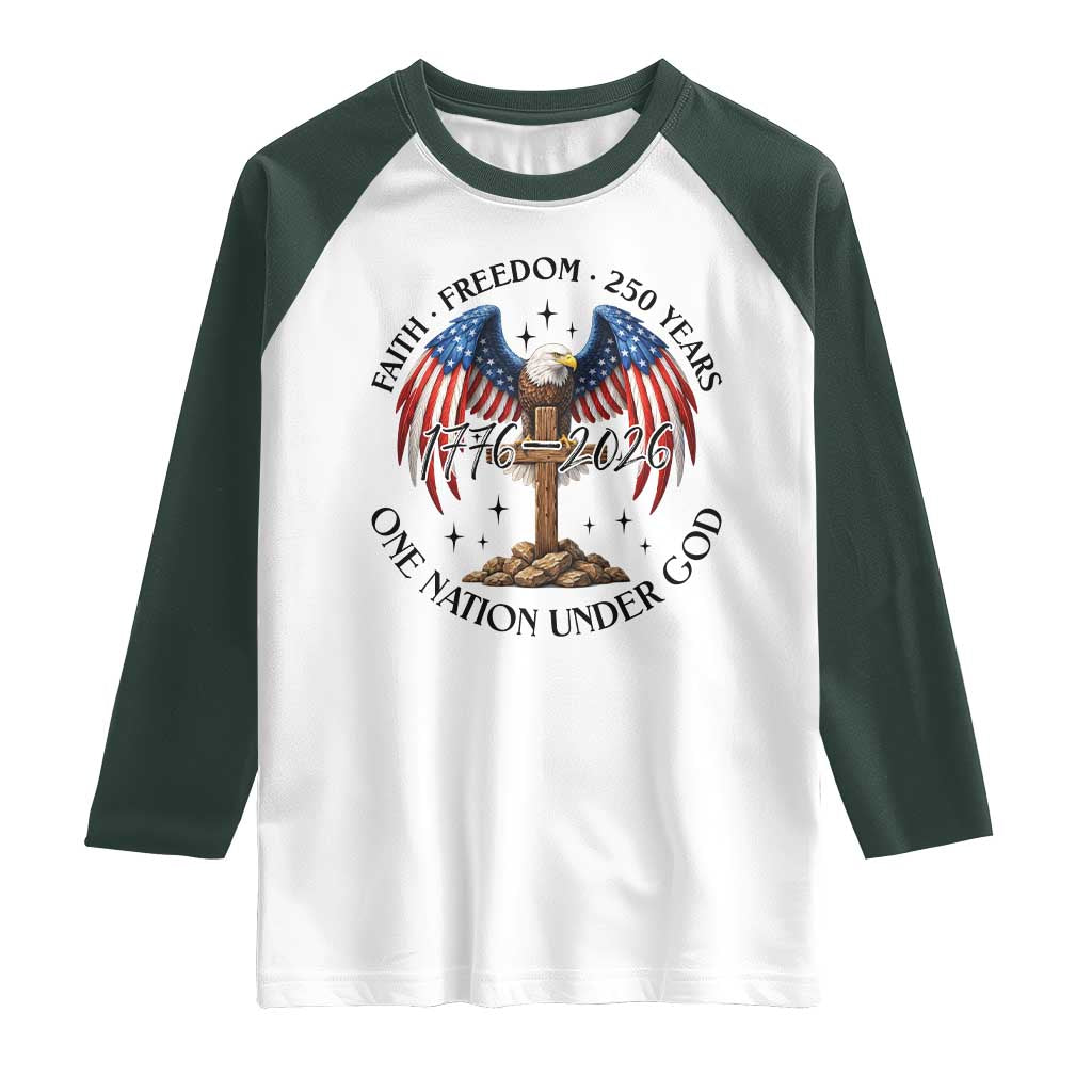 Patriotic Eagle Cross One Nation Under God Raglan Shirt 250th Anniversary TS12 White Dark Forest Green Print Your Wear