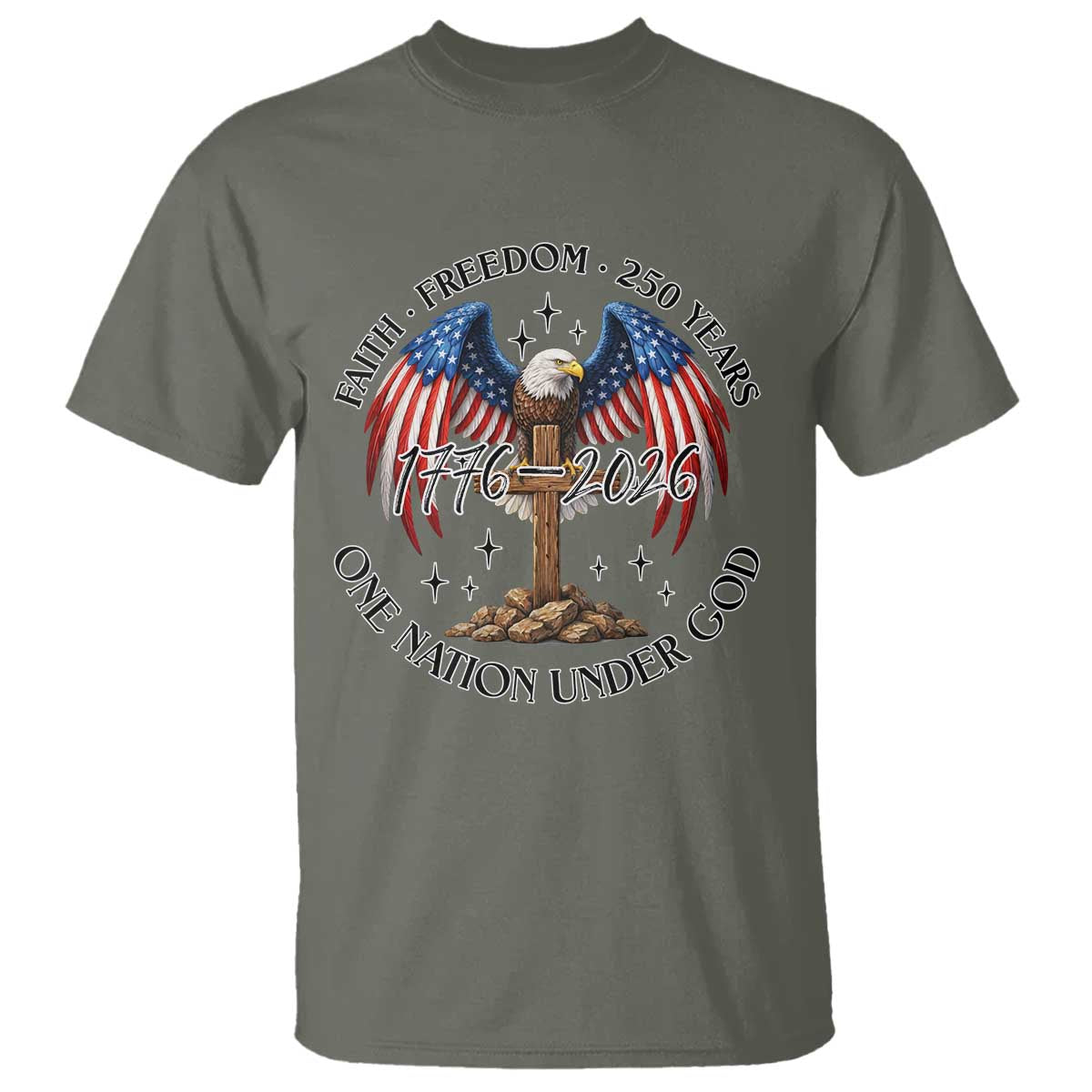 Patriotic Eagle Cross One Nation Under God T Shirt 250th Anniversary TS12 Military Green Print Your Wear