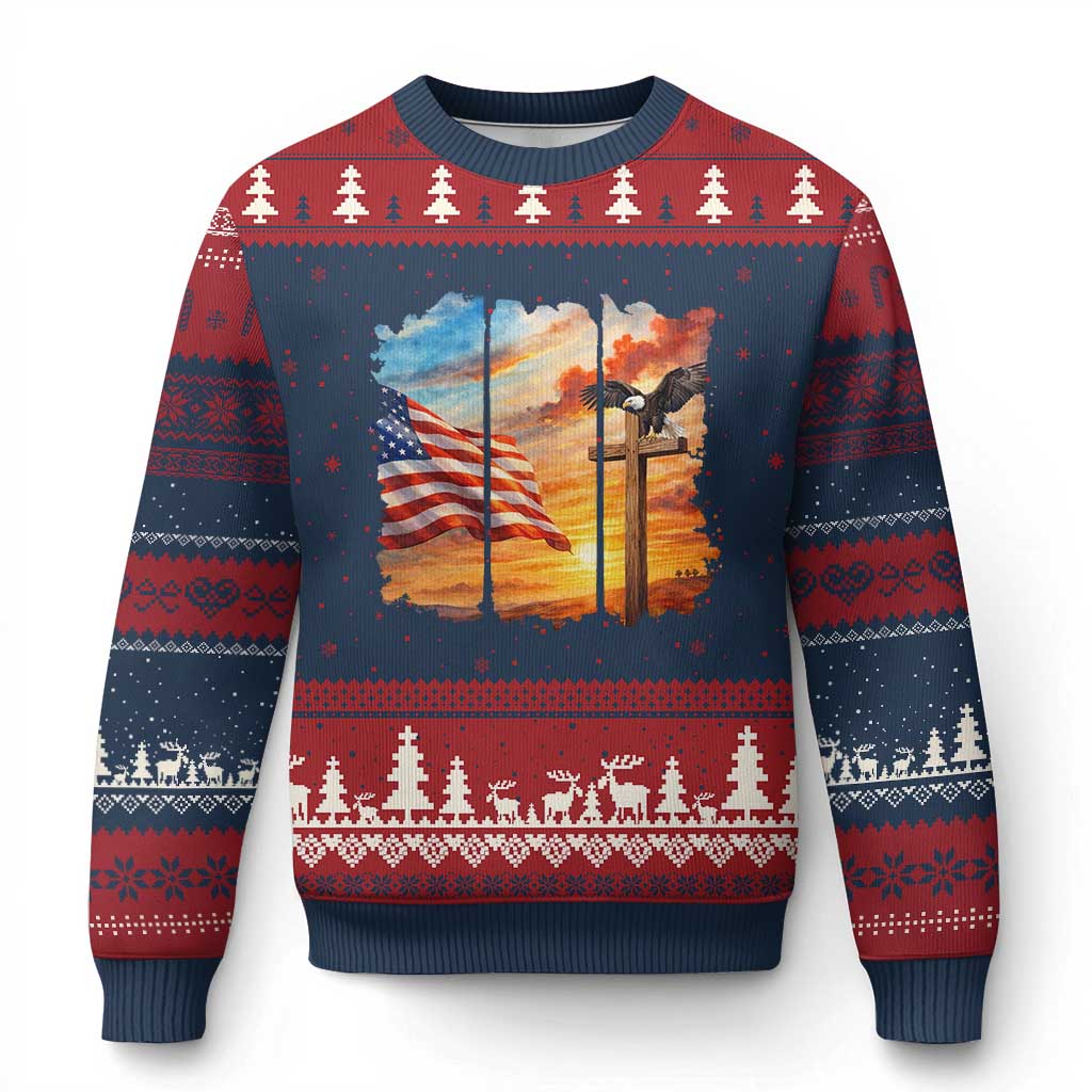 Faith And Freedom Christian American Flag Eagle Ugly Christmas Sweater American Faith Pride TS12 Navy Red Print Your Wear
