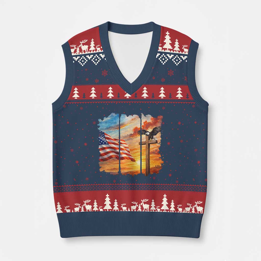 Faith And Freedom Christian American Flag Eagle V-Neck Knit Sweater Vest American Faith Pride TS12 Navy Red Print Your Wear
