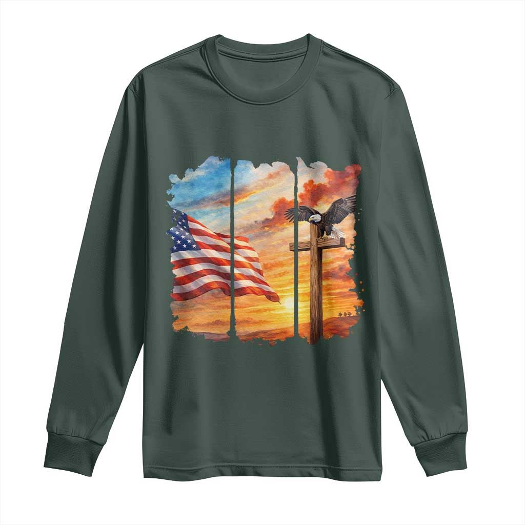 Faith And Freedom Christian American Flag Eagle Long Sleeve Shirt American Faith Pride TS12 Dark Forest Green Print Your Wear