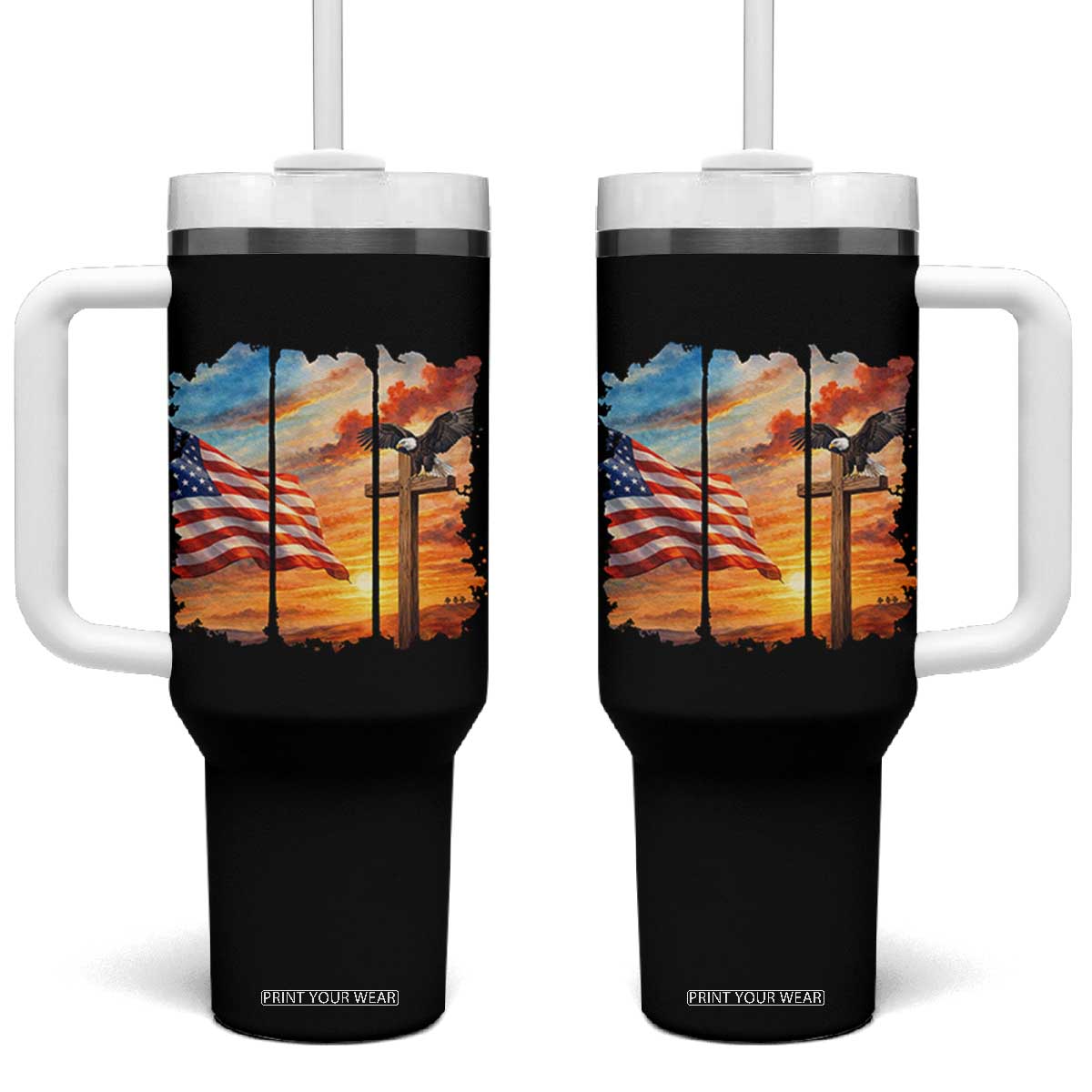 Faith And Freedom Christian American Flag Eagle Tumbler With Handle American Faith Pride TS12 One Size: 40 oz Black Print Your Wear