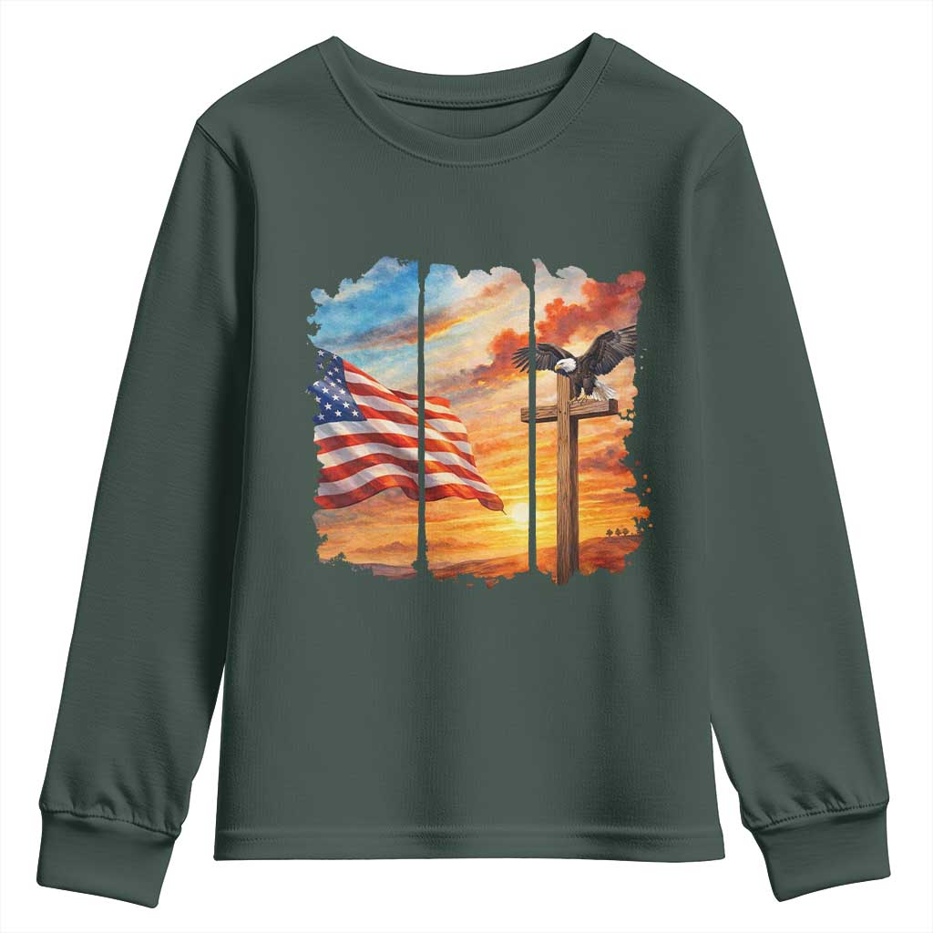 Faith And Freedom Christian American Flag Eagle Youth Sweatshirt American Faith Pride TS12 Dark Forest Green Print Your Wear