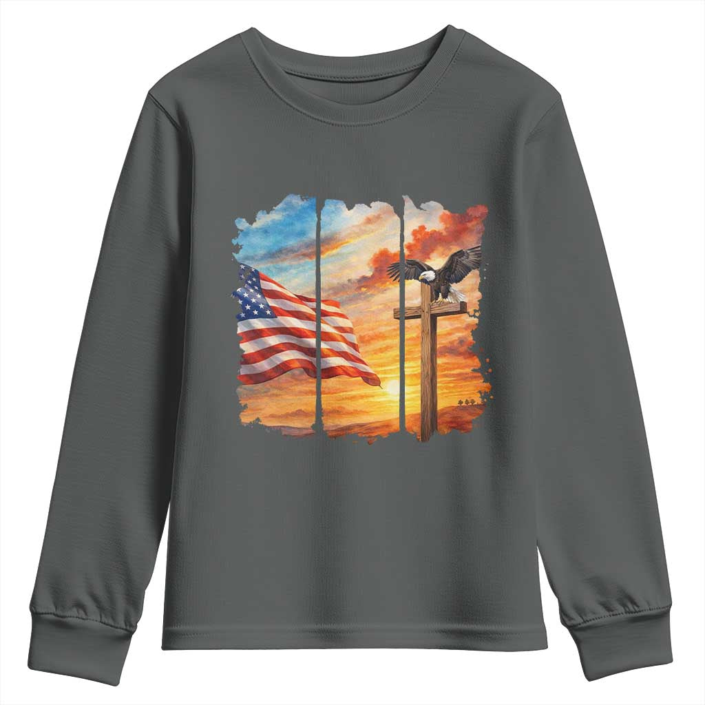 Faith And Freedom Christian American Flag Eagle Youth Sweatshirt American Faith Pride TS12 Dark Heather Print Your Wear