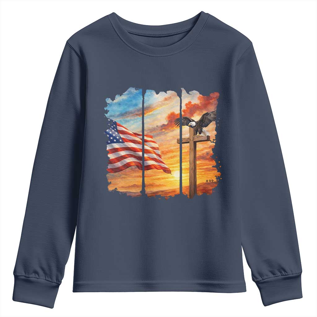 Faith And Freedom Christian American Flag Eagle Youth Sweatshirt American Faith Pride TS12 Navy Print Your Wear
