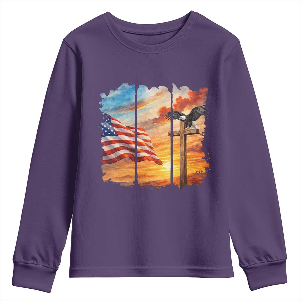 Faith And Freedom Christian American Flag Eagle Youth Sweatshirt American Faith Pride TS12 Purple Print Your Wear