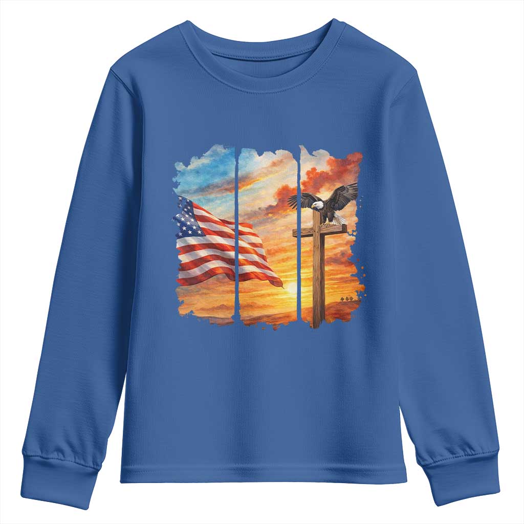 Faith And Freedom Christian American Flag Eagle Youth Sweatshirt American Faith Pride TS12 Royal Blue Print Your Wear