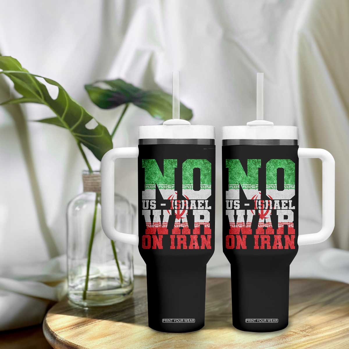 No Us Israel War On Iran Tumbler With Handle Anti War Political Protest Statement TS12 Print Your Wear
