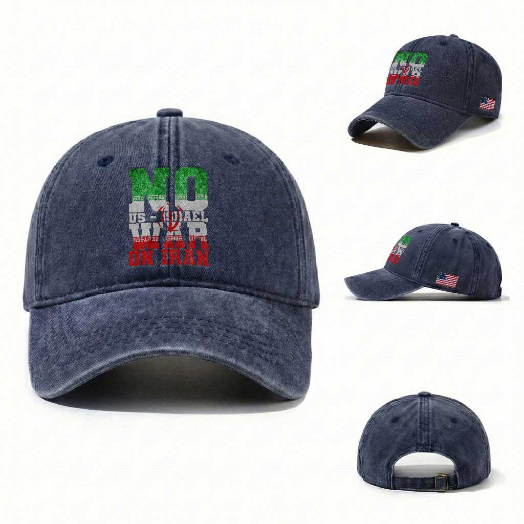 No Us Israel War On Iran Washed Cotton Baseball Cap Anti War Political Protest Statement TS12 Washed Cap Universal Fit Navy Print Your Wear