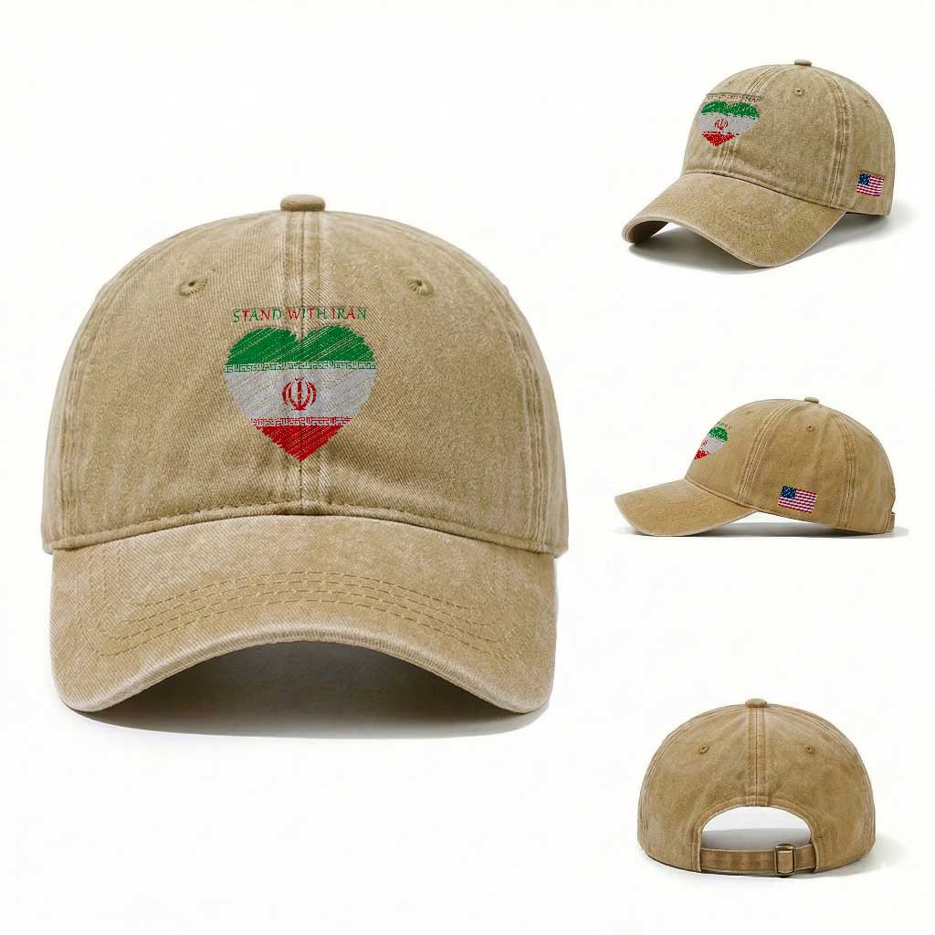 Stand With Iran Washed Cotton Baseball Cap Anti War Political Protest Statement TS12 Washed Cap Universal Fit Khaki Print Your Wear