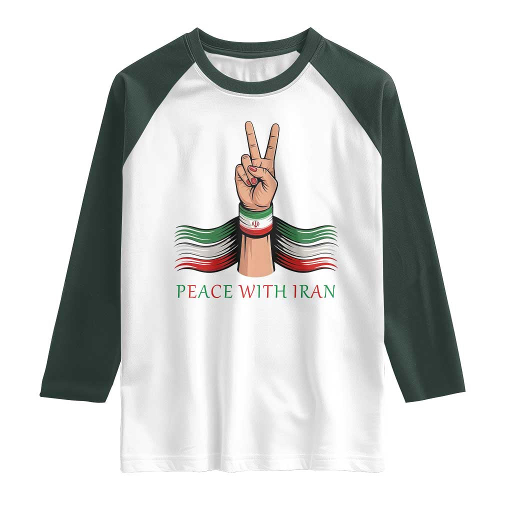Peace With Iran Raglan Shirt Support Iranian People For Peace TS12 White Dark Forest Green Print Your Wear