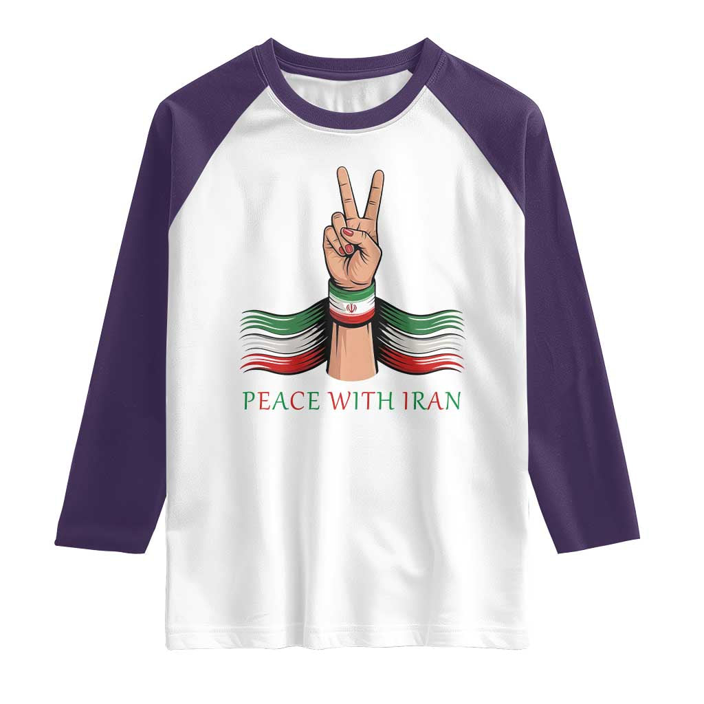 Peace With Iran Raglan Shirt Support Iranian People For Peace TS12 White Purple Print Your Wear