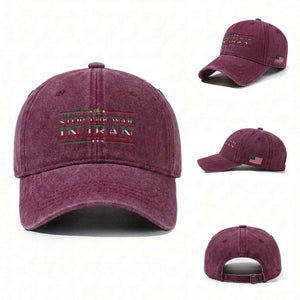 Stop The War In Iran Washed Cotton Baseball Cap Anti War Protest TS12 Washed Cap Universal Fit Burgundy Print Your Wear