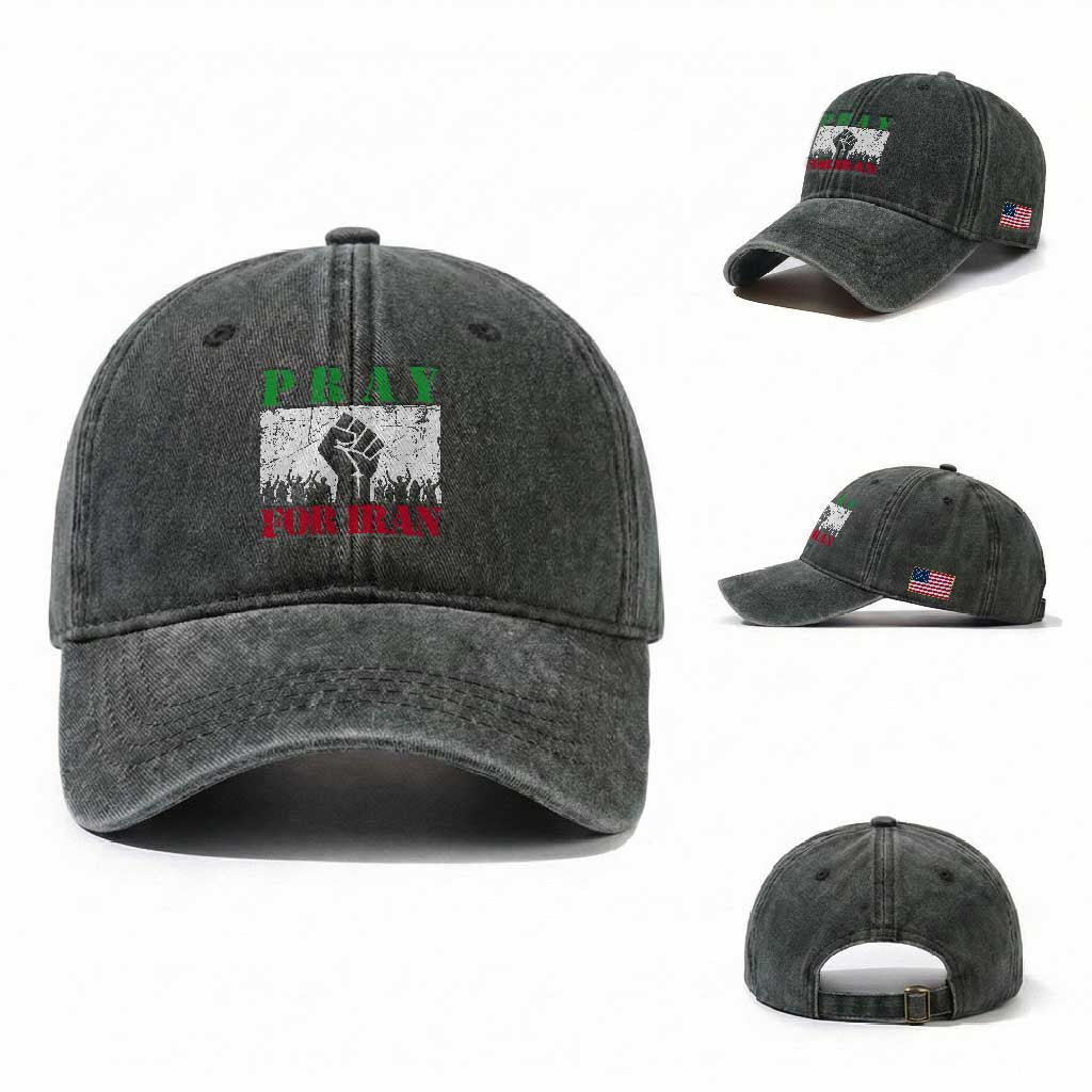 Pray For Iran Washed Cotton Baseball Cap Support Iranian People Peace TS12 Washed Cap Universal Fit Dark Green Print Your Wear