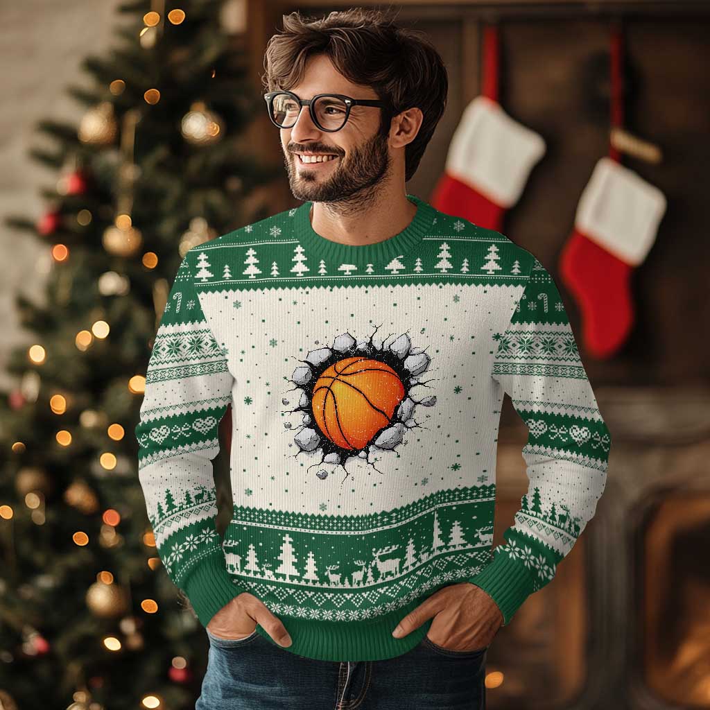 Funny Basketball Bursting Through Wall Ugly Christmas Sweater Sports Fan Gift TS12 Beige Green Print Your Wear