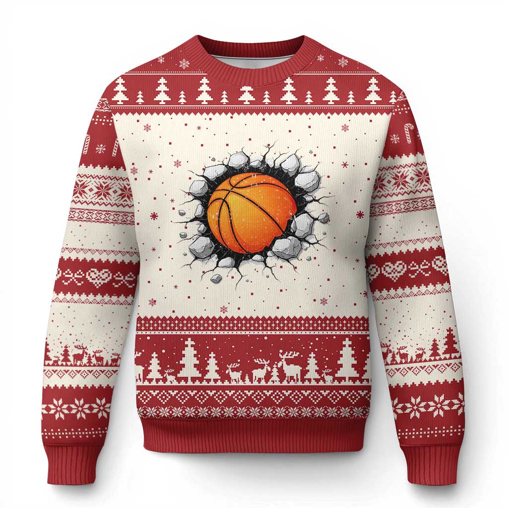 Funny Basketball Bursting Through Wall Ugly Christmas Sweater Sports Fan Gift TS12 Beige Red Print Your Wear