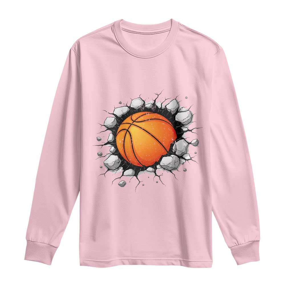 Funny Basketball Bursting Through Wall Long Sleeve Shirt Sports Fan Gift TS12 Light Pink Print Your Wear