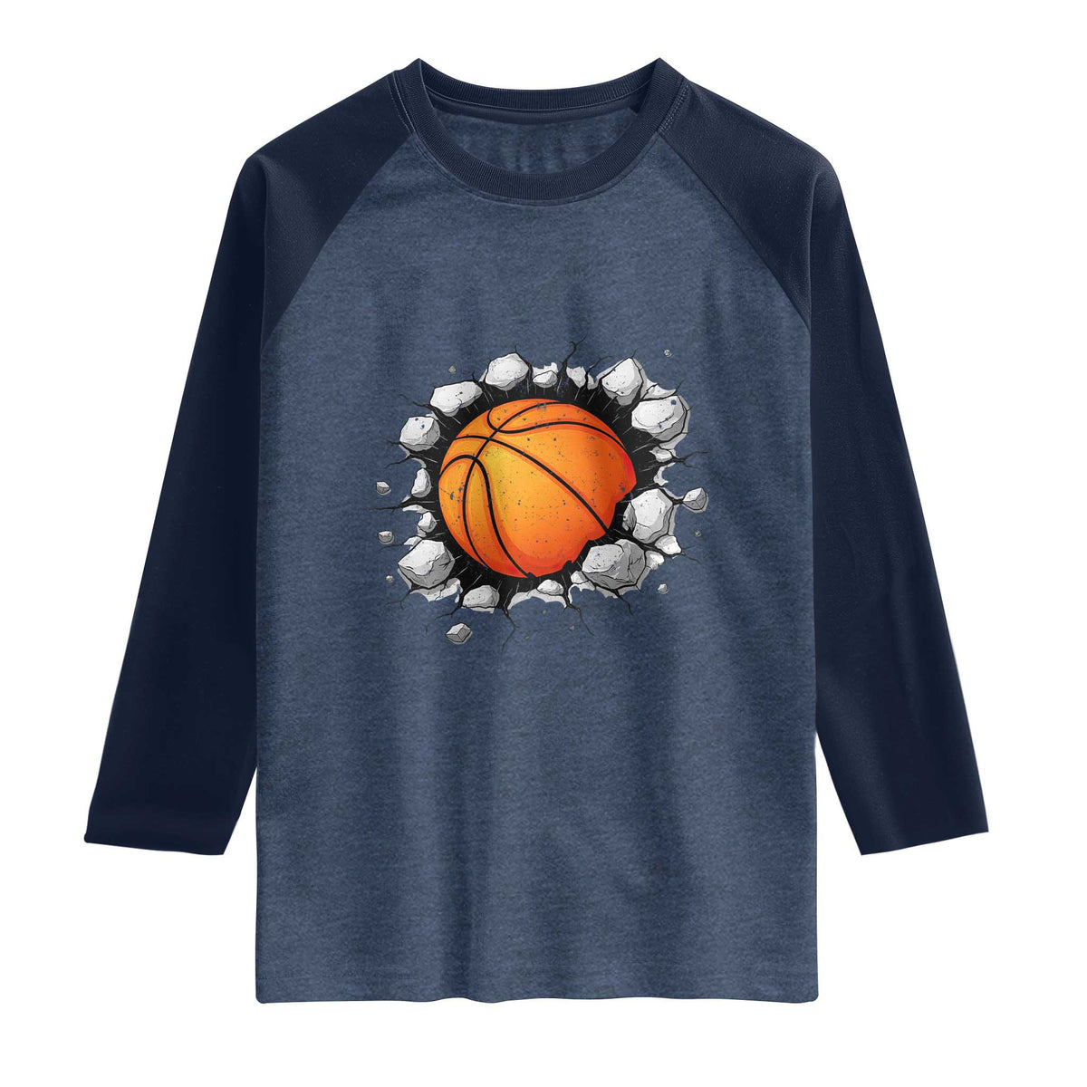 Funny Basketball Bursting Through Wall Raglan Shirt Sports Fan Gift TS12 Heather Denim Navy Print Your Wear