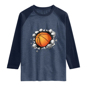 Funny Basketball Bursting Through Wall Raglan Shirt Sports Fan Gift TS12 Heather Denim Navy Print Your Wear