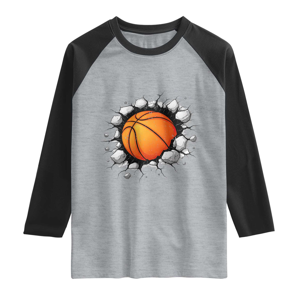 Funny Basketball Bursting Through Wall Raglan Shirt Sports Fan Gift TS12 Heather Gray Black Print Your Wear